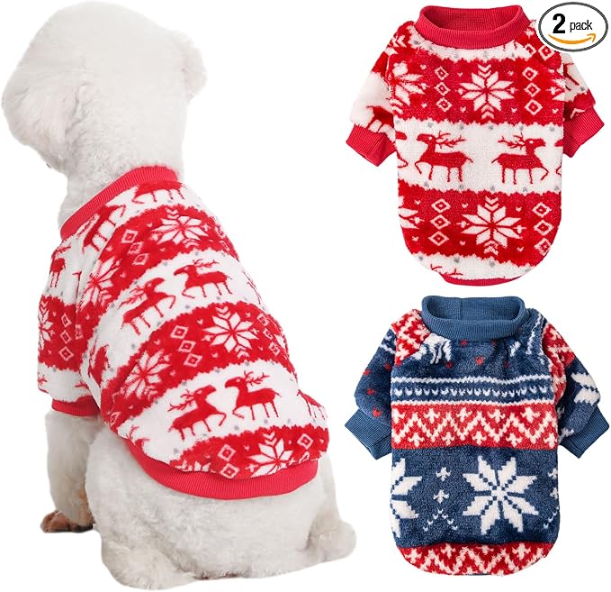 Dog Sweater, 2 Pack Dog Sweaters for Small Dogs, Dog Clothes for Small Dogs Girl Boy, Ultra Soft and Warm Puppy Sweater Dog Coat for Winter Christmas (XS, Xmas Red+Xmas Blue)