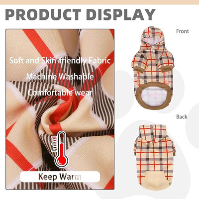 KOOLTAIL Plaid Dog Hoodie for Small Medium Large Dogs - Pet Clothes Sweater with Hat and Pocket for Cold Weather Winter, Warm Soft Dog Hooded Sweatshirt Coat Outfit for Puppy Cats Girls Boys Beige L
