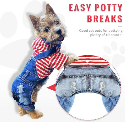 Small Dog Hoodie Clothes Cute Stripe Shirts Denim Jumpsuit One-Piece Outfit for Small Medium Dogs Cats Boy Girl Chihuahua Blue Jeans Overalls Puppy Costume (Red,XXL)