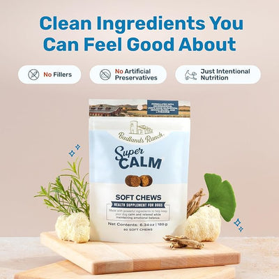 Badlands Ranch Super Calm Soft Chews for Dogs – Superfood Blend with Ashwagandha, Lion’s Mane Mushroom & L-Theanine – 60 Soft Chews