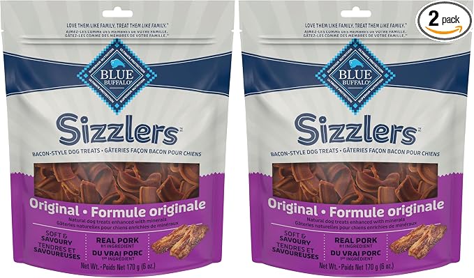 Blue Buffalo Sizzlers Natural Soft Dog Treats, Bacon-Style Soft-Moist Dog Treats with Real USA Pork, Original Flavor, 6-oz Bag, (Pack of 2)