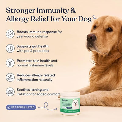 Pawfy Dog Allergy Chews for Large Breed with Itchy Skin & Paw Licking | Allergy & Immune Support for Dogs with Probiotics, Salmon Oil, Turmeric & Vitamin B12 | 30 Turkey Flavoured Chews