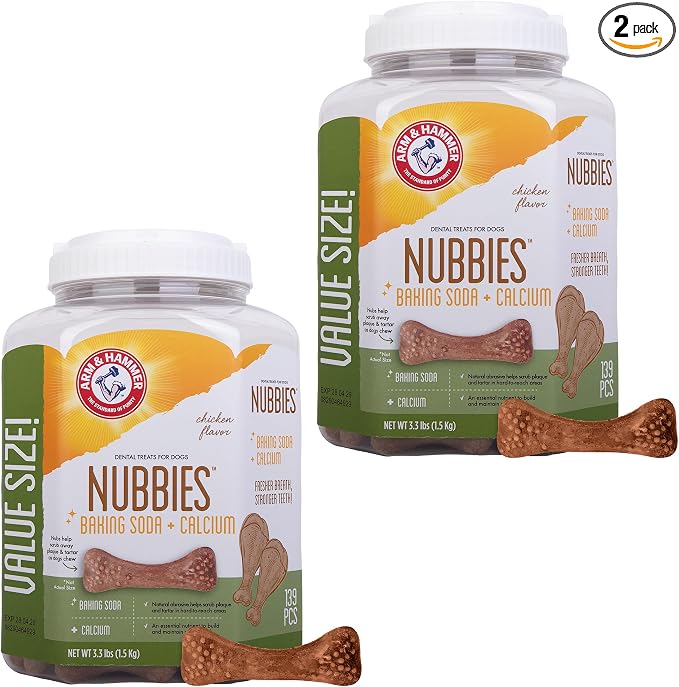 Arm & Hammer for Pets Nubbies Dental Treats Value Size Baking Soda Calcium Chicken Flavor Scrubs Plaque Tartar Freshens Breath 139 Count 52.8 OZ 2 Pack Dogs for Daily At-Home Oral Hygiene Routines