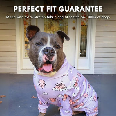 Spark Paws Dog Pajama, Dog Recovery Suit Male, Onesie, Ultra-Soft and 4-Way Stretch, for Small Medium and Large Breeds - When Pigs Fly - Purple - 2XL