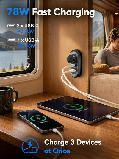 12V USB Outlet RV 3 Ports Car Charger: 78W Fast Charging Dual PD 3.0 & QC 18W Car Lighter Adapter with Switch & Blue Indicator Light - USB C 30W Wall Mount Panel Socket for Marine Bus Boat ATV Truck
