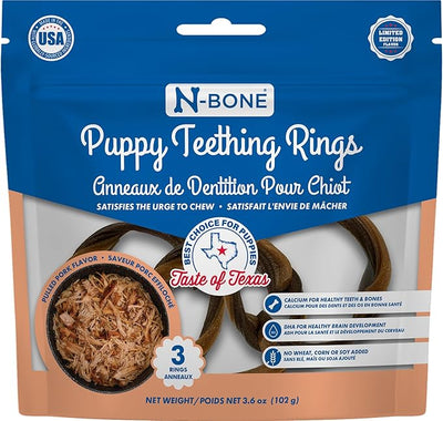 N-Bone Puppy Teething Rings, Taste of Texas Pulled Pork Flavor, Natural Puppy Teething Chews, Helps Soothe Teething Gums, Calcium Enriched Chew Treats, 3 Rings