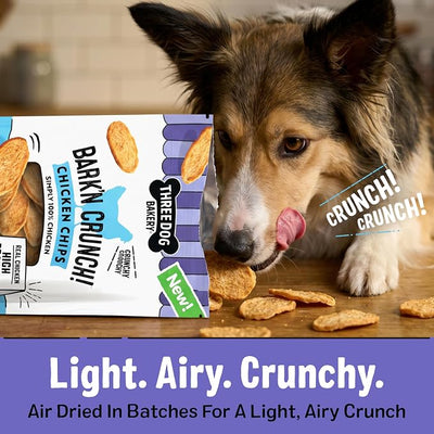 Three Dog Bakery Bark'N Crunch! Chicken Chips with 100% Real Chicken - 15 oz - Crunchy Treats for Dogs - High Protein Dog Snacks - Grain Free, No Corn or Soy, Single Ingredient Treats