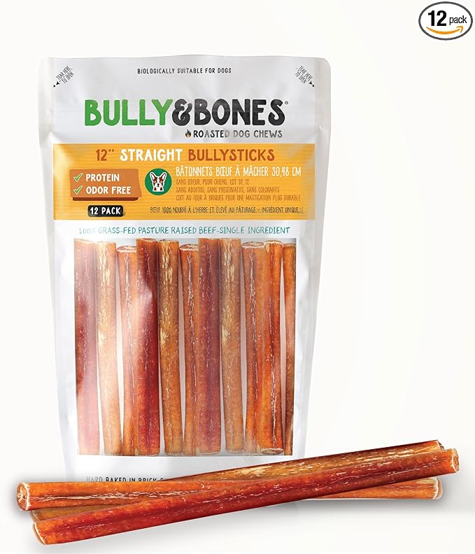 Bully & Bones 12 Inch Odor Free Straight Bully Sticks (12 Pack) for Dogs That Like to Chew. Healthy Single-Ingredient Beef chew Treats Crafted to Stimulate Your Dog’s Taste Buds. 12" Bully Sticks.