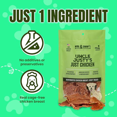 Mika & Sammy's Gourmet Jerky Dog Treats Made in the USA. (Uncle Justy's Just Chicken 5 0z)