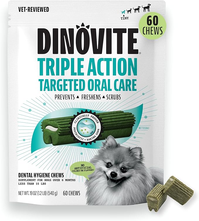 Dinovite Dental Chews for Dogs, Triple Action Dental Dog Treats for Extra Small Breeds, Clinically Proven to Prevent Plaque & Tartar While Freshening Breath, Fresh Mint Flavor, Made in USA, 60 Count
