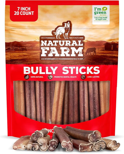 Natural Farm Odor-Free Bully Sticks, 7-Inch Long, 20 Count Bag, 100% Beef Pizzle Chew Treats for Medium & Large Dogs Dogs