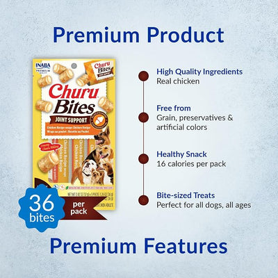 INABA Churu Bites Joint Support for Dog, Functional Lickable Dog Treat with Taurine & Green Tea Extract, 1.26oz Each, 18 Tubes Total, Chicken with Salmon Recipe