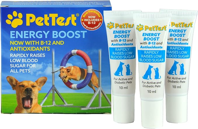 PetTest Energy Boost Glucose SOS 3x10ml Tubes for Pets, Instantly Increases Low Blood Sugar with B12 and Antioxidants, Fast Acting, Meat Flavoured, Rapid Recovery for Active or Diabetic Dogs & Cats