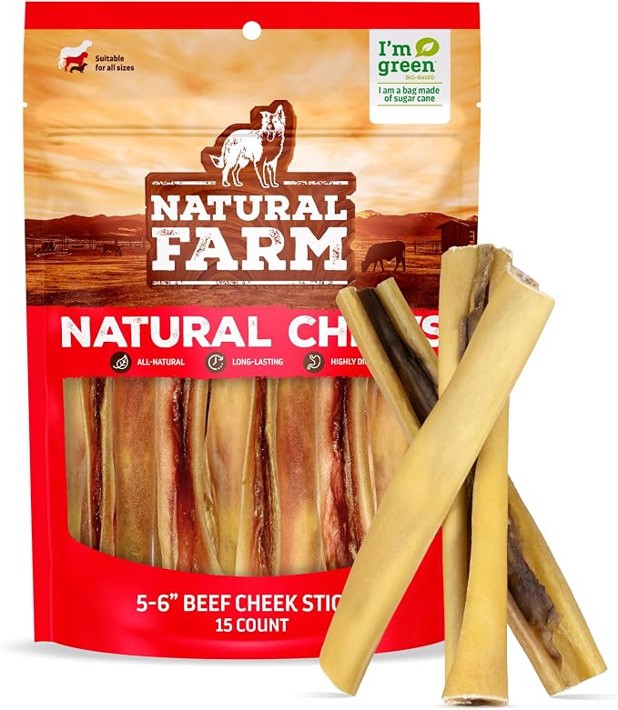 Natural Farm Bully Cheek Stick, 5-6 Inch (15 Pack)- Best Bully Stick Alternative, 100% Natural Beef Cheeks for Dogs- High Protein, Cleans Teeth Treats, Long Lasting Beef Chews for All Dog Sizes