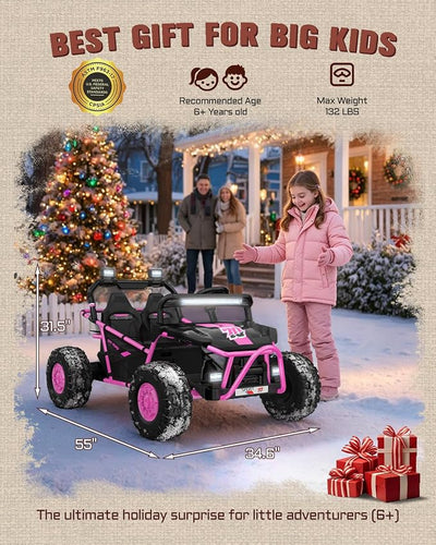 First Ride On 36V Kids Ride On UTV, 2-Seater 500W Electric Car for Kids 6+, 6–9 MPH Speed, 14" EVA Wheels, Metal Frame, Bluetooth Music, Rear Metal Suspension Off-Road Vehicle (Pink)