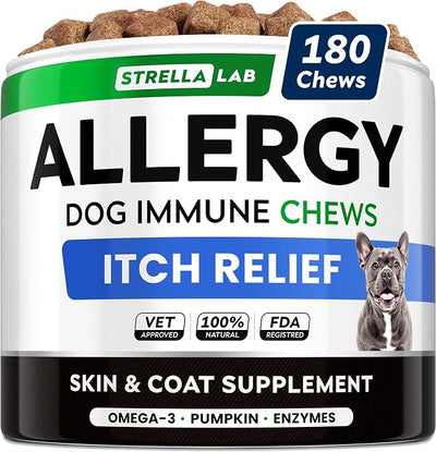 StrellaLab Dog Allergy Relief & Anti Itch Support Chews w/Omega 3: Real Ingredients, Real Taste! Skin & Coat Immune Supplement w/Fish Oil, Pumpkin & Enzymes — Developed by Experts - Made in USA -180Ct