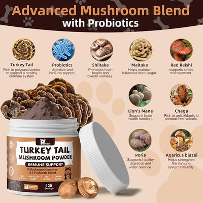 Mushroom Supplement with Probiotics for Dogs & Cats, Turkey Tail Mushroom for Pets - Mushroom Powder for Immune Boost & Overall Health- Partner Guard for Dogs Lumps and Bumps