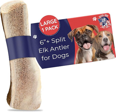 Devil Dog Pet Co. Split Elk Antlers for Dogs, Natural Dog Chew with Exposed Marrow - Long Lasting and Odor Free - USA Sourced - Cleaner Teeth, Anxiety & Boredom Relief - Large 6"+ - Antler Bone