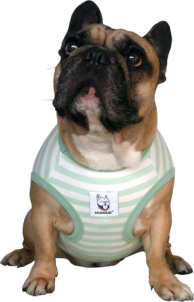 iChoue French Bulldog 100% Breathable Cotton Striped T Shirts Halloween Vest Clothes for Small Dogs Tank Tops Puppy Frenchie Pug English Boston Terrier Pitbull Green White Stripes - Medium