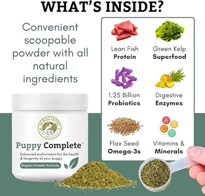 Wholistic Pet Organics Puppy Vitamins - Dog Multivitamin Powder - Daily Dog Vitamins and Supplements for Homemade Food - Immune System, Skin, Coat & Overall Health - All Breeds of Puppies - 45 Scoops