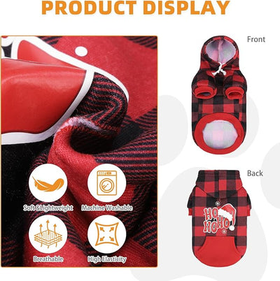 KOOLTAIL Christmas Dog Hoodie, Red Plaid Pet Sweater, Hat Hooded Sweatshirt Dog Clothes for Small Medium Large Dogs Boys Girls, Soft Warm Winter Cold Weather Coat with Leash Hole&Pocket, Santa, L