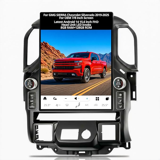 AuCar 836PRO Android 14 15.6 Inch Touchscreen with LED knobs Car Radio for GMC Sierra Chevrolet Silverado 2019-2025 Head Unit Wireless Carplay Android Auto GPS Navigation 128GB US 1 Yr Service