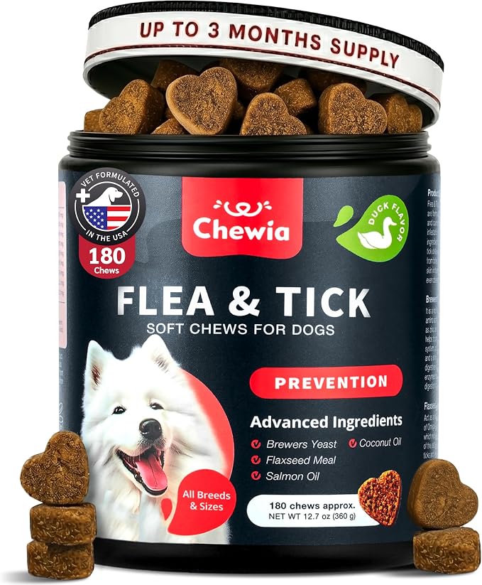 Dog Flea and Tick Treatment Chews - Flea and Tick Prevention for Dogs - Flea & Tick Chewables - Natural Dog Flea & Tick Control Soft Treats - Flea Chewables for Dogs - Immune Support Supplement