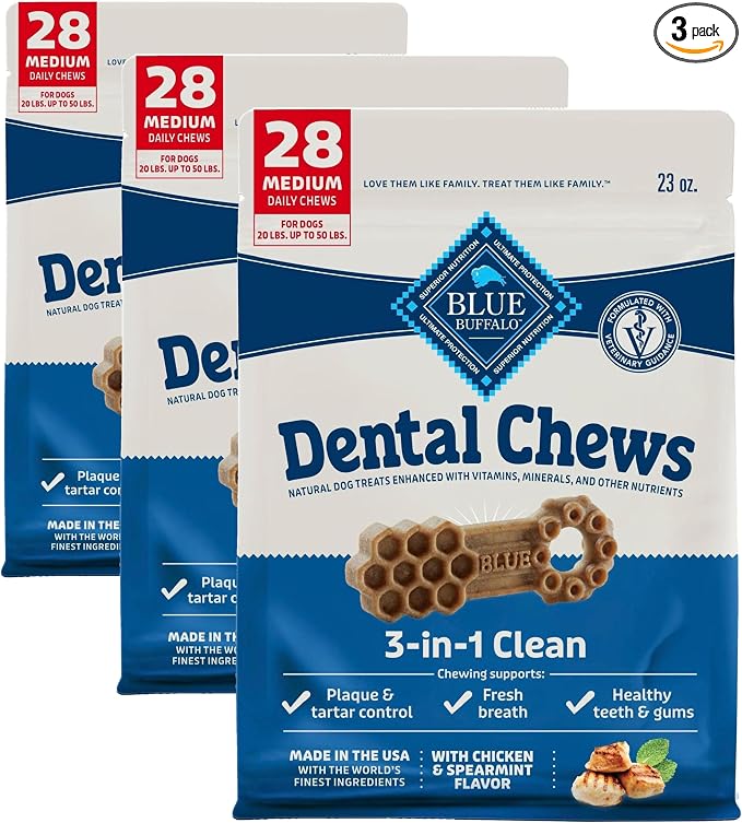 Blue Buffalo Dental Chews Medium Natural Dog Treats, Chicken & Spearmint 23-oz Bag (28 Count) (Pack of 3)