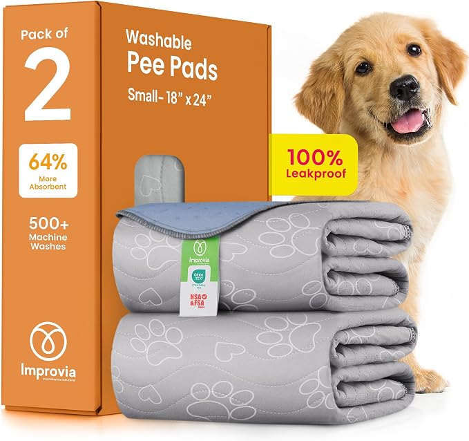 IMPROVIA® Reusable Puppy Pad – Waterproof, Extra-Absorbent, Washable Pee Pad for Dog Training, Whelping, & More – Protect Your Floors & Pet with Quick-Drying Potty Pad (Paws & Hearts, Small 18"x24")