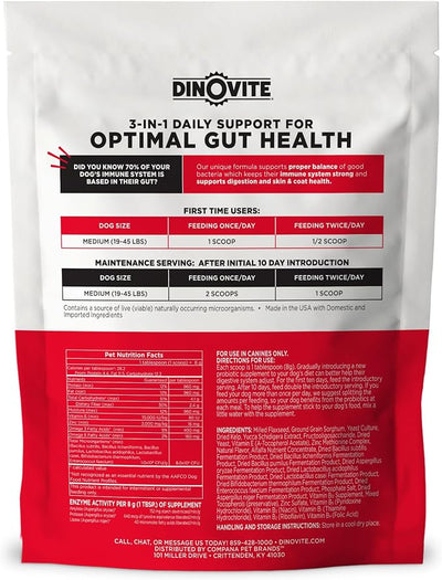 Dinovite Probiotics for Dogs, Probiotic Powder Food Topper for Medium Dogs (18-45 lb), Daily Digestive Health & Skin Support with Omega-3s, 30 Servings