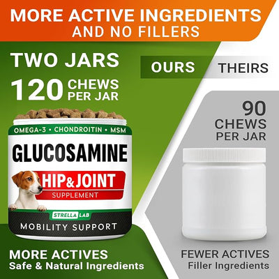 Glucosamine for Large Dogs - Joint Supplement Large Breed w/ Omega-3 Fish Oil - Chondroitin, MSM - Advanced Mobility Chews - Joint Pain Relief - Hip & Joint Care - Chicken Flavor - 240Ct - Made in USA