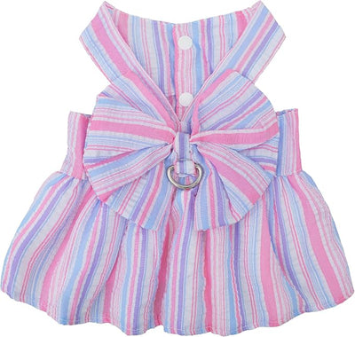 Pet Dog Harness Dress, Cute Striped Pattern with Bow, Princess Puppy Dresses with Button Closure, Summer Dog Clothes for Small Dogs Girl (Purple, X-Large)