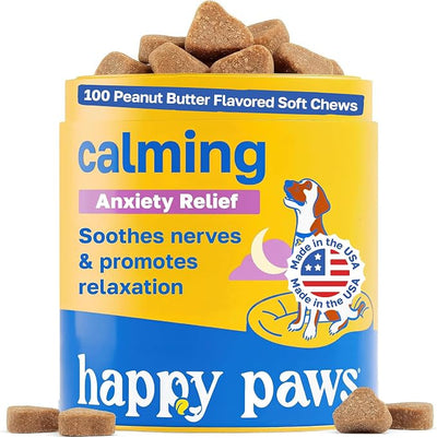 Happy Paws Calming Chews for Dogs, Relaxation & Anxiety Support for All Breeds & Ages, Dog Sleep Aid with L Theanine & Chamomile, Vegan Peanut Butter Flavor, Organic, Non GMO, Soft Chews (100 Count)