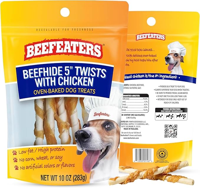 Beefeaters Beefhide 5in Twist Sticks with Real Chicken 10oz - Dog Rawhide Chews for Clean Teeth & Training, High Protein Dog Treat Chews, Chicken Wrapped Rawhide Sticks, No Artificial Colors or Flavor