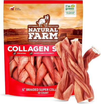 Natural Farm Odor-Free Super Braided Collagen Dog Chews (6-Inch, 10-Pack) First Ever Real Bull Sticks Alternative: 100% Natural Angus Hide Collagen Treats- More Protein More Chew Time for All Dogs
