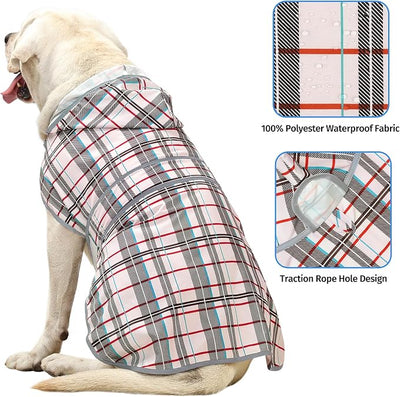 Dog Raincoat for Large Dogs Waterproof Jacket Hooded Rain Coats with Reflective Strips Leash Hole & Poncho Adjustable Fit (Plaid,XL)