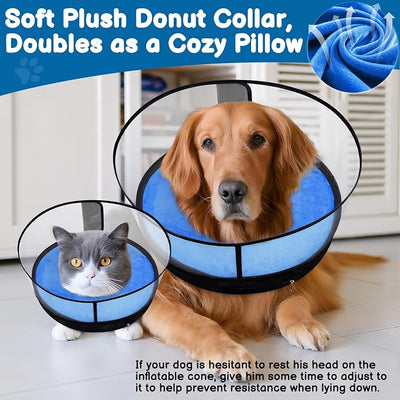 BARKLESS Dog Donut Collar, 2-in-1 Inflatable Dog Collars for After Surgery to Stop Licking Wounds, Patented Protective Donut Cone with High Shield for Small and Medium Pets (Blue, M+)