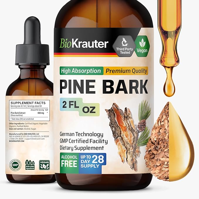 BIO KRAUTER® Pine Bark Extract for Circulatory & Antioxidant Support - Vegan French Maritime Pine Bark Herbal Supplements - Natural Antioxidants & Skin Support - 400 mg per Serving, 2 Fl. Oz.