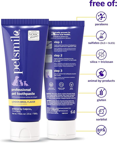 Petsmile Professional Pet Teeth Brushing Kit for Cats & Dogs - VOHC Accepted Toothpaste & Patented Toothbrush - Proven to Control Plaque & Tartar Calprox Formula (London Broil, 2.5 Oz)