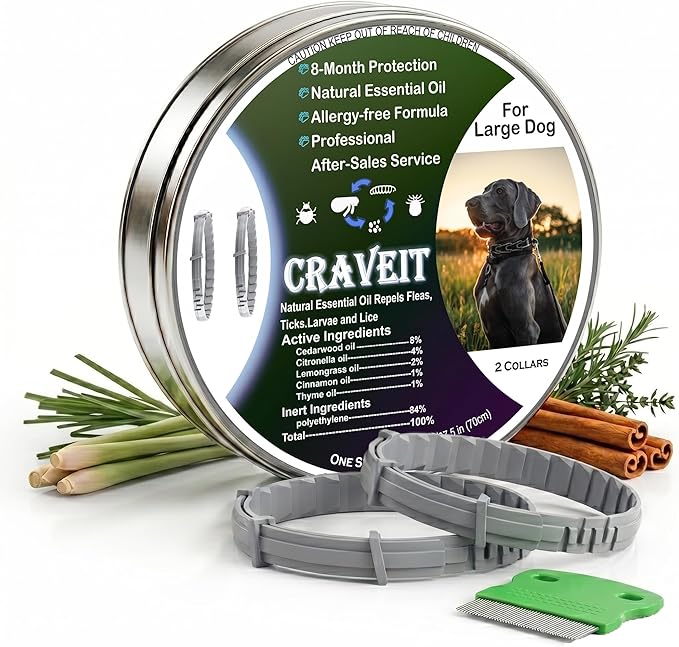 Craveit Dog Flea Collar, 2 Pack Flea Collar for Dogs Large, Gentle Plant-Based Tick Repellent for Large Dog, Waterproof & Adjustable, 8-Month Long-Lasting Defense