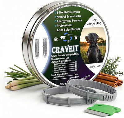 Craveit Dog Flea Collar, 2 Pack Flea Collar for Dogs Large, Gentle Plant-Based Tick Repellent for Large Dog, Waterproof & Adjustable, 8-Month Long-Lasting Defense