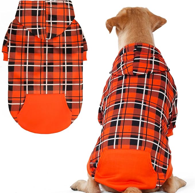 EXPAWLORER Plaid Dog Hoodie - British Style Warm Dog Sweater Shirt with Leash Hole,Pitbull Clothes Outfits,Winter Coat Apparel for All Breeds Puppy Girl Boy-Cat Apparel,Orange Large