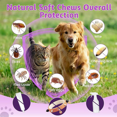 VUN Dog Flea and Tick Treatment Chewable,Natural Oral Flea Treatment for Cats,Relieve Itching& Biting,Flea Tick Prevention for Dogs Chews Supplement for Skin&Coat,All Breeds Sizes,100 Counts