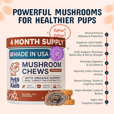 Pets are Kids Turkey Tail Mushroom for Dogs with Organic Real Turkey Tail™ - 8:1 Extract Mushroom Chews for Immune System Health, Gut, Skin & Joint Support - Reishi, Lion's Mane - 120 Chews