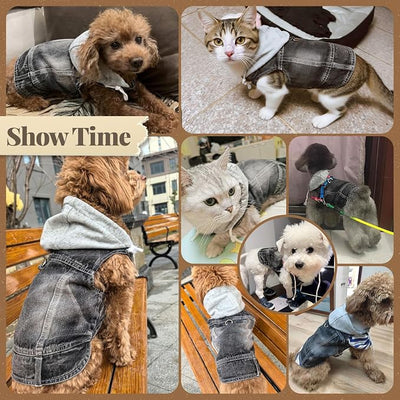 Cool Dog Jean Jacket Vest with D-Ring Black Denim Dogs Hoodies Outfits for Small Medium Dogs Cats Boy Male Dog Clothes Costume Dogggie Puppy Harness Coat for Frenchie Walking(Grey Hat,S)