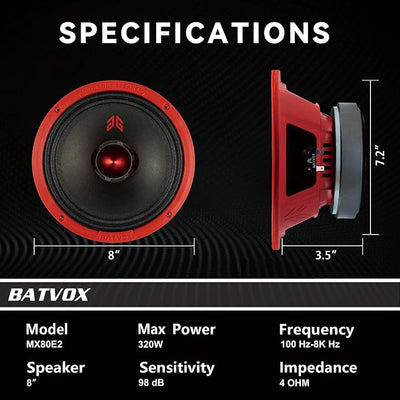 MX80E2 Midrange Loudspeaker 8" Red Bullet, 640W Max, 4 Ohms, Premium Quality Audio Door Speakers for Car or Truck Stereo Sound System, Red (2 Speaker)