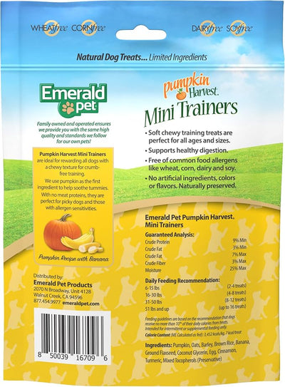 Emerald Pet Pumpkin Harvest Mini Trainers Dog Treats, Banana Flavor, 6 oz – Soft Chewy Low-Fat Training Treats with Real Pumpkin for Digestive Health – Natural, Wheat-Free, Meat-Free, Made in USA