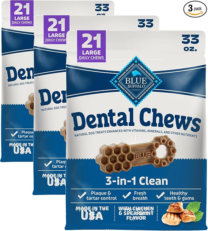 Blue Buffalo Dental Chews Large Natural Dog Treats, Chicken & Spearmint 33-oz Bag (63 Count)