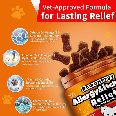Dog Allergy Chews, Itch Relief Chews, Salmon Oil Omega-3/6, Probiotics | Vet-Recommended, Soft Chews, Vitamin B1/B2/B6, Hot Spots/Paw Licking Relief, Colostrum Probiotics, 100ct