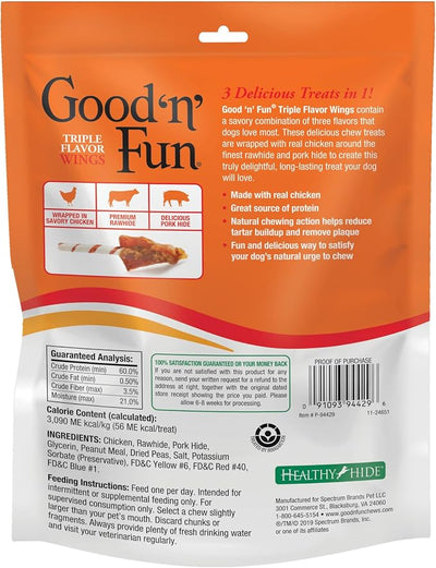 Good 'n' Fun Triple Flavor Wings Chews for All Dogs, 4 Ounces, Treat Your Dog to Long-Lasting Chews Made with Chicken, Beef Hide and Pork Hide (Pack of 2)